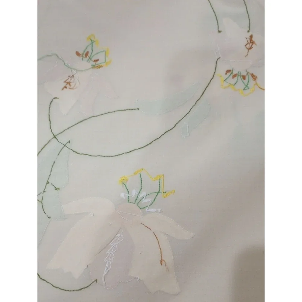 Floral Applique and Embroidered Beige Round Tablecloth, 68